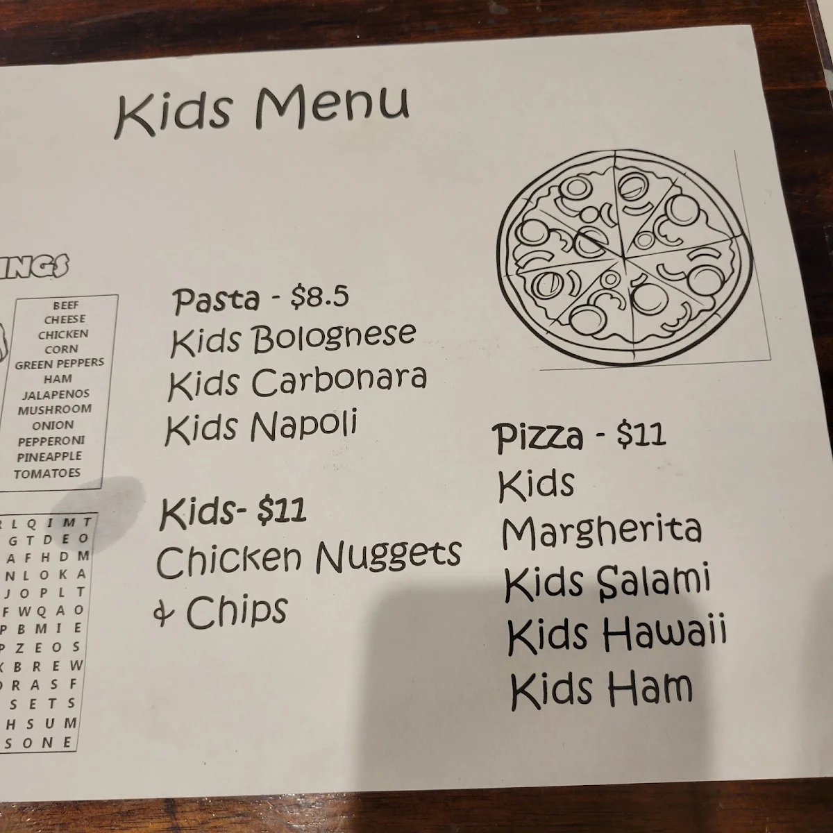 Menu, Chilly's Pizza & Trattoria