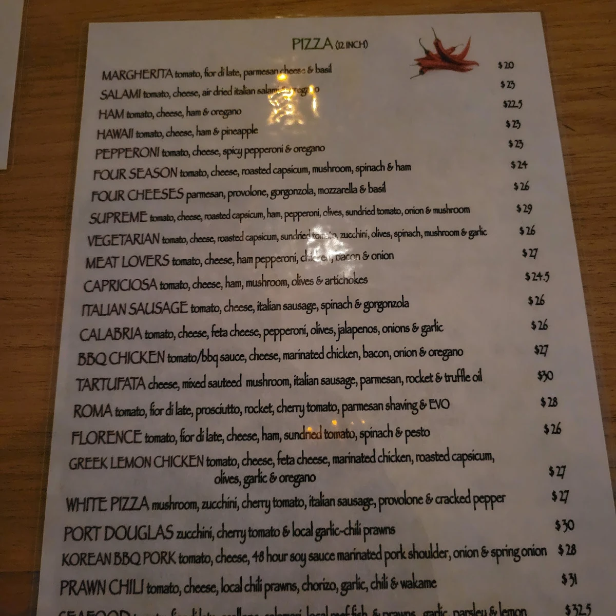 Menu, Chilly's Pizza & Trattoria