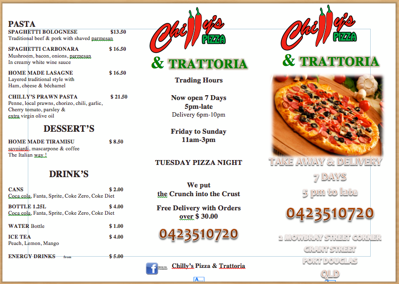 Menu, Chilly's Pizza & Trattoria