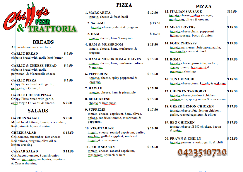 Menu, Chilly's Pizza & Trattoria