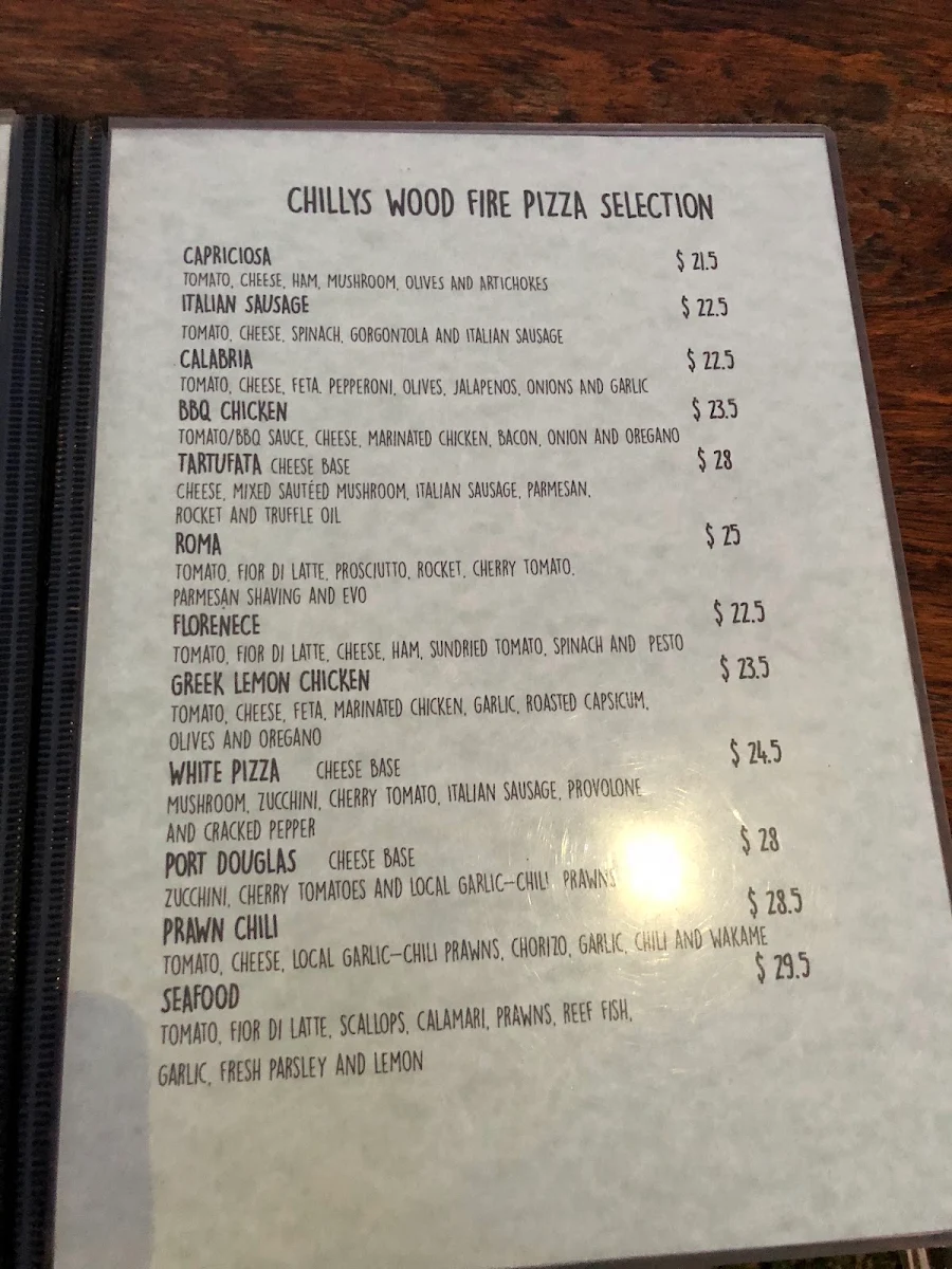 Menu, Chilly's Pizza & Trattoria