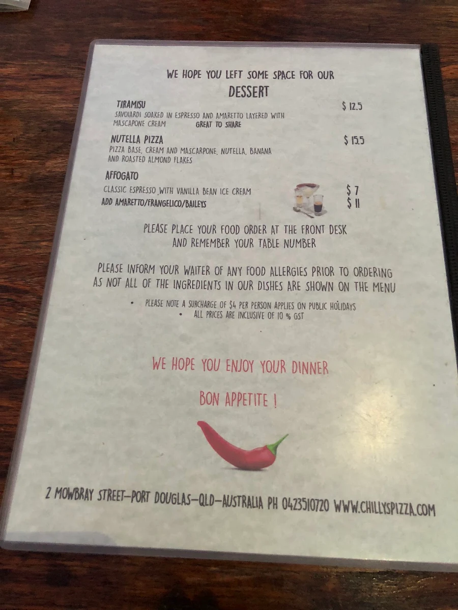 Menu, Chilly's Pizza & Trattoria