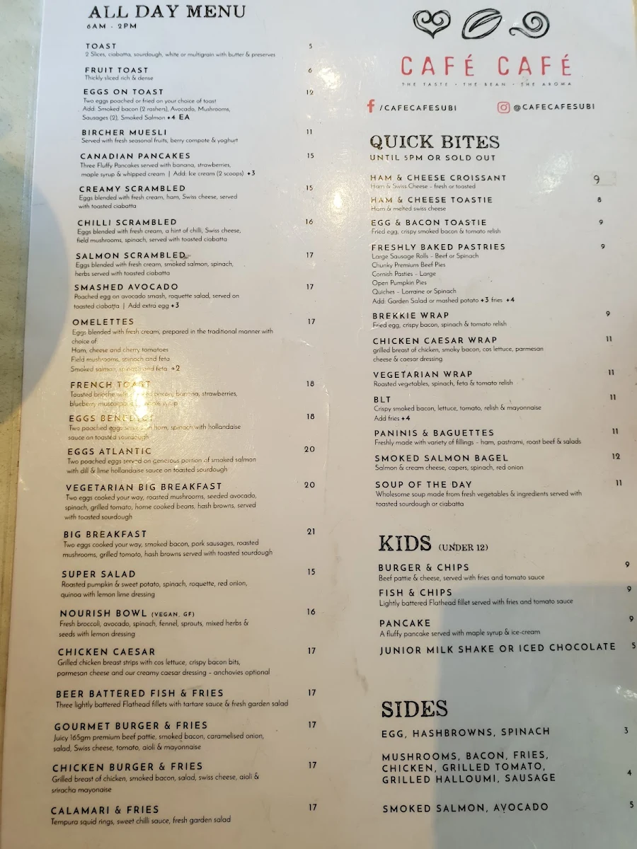 Menu, Café Café
