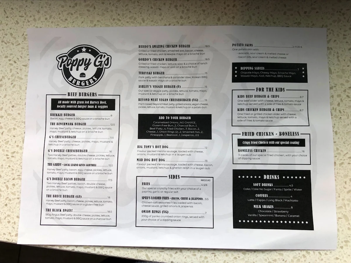 Menu, Poppy G's