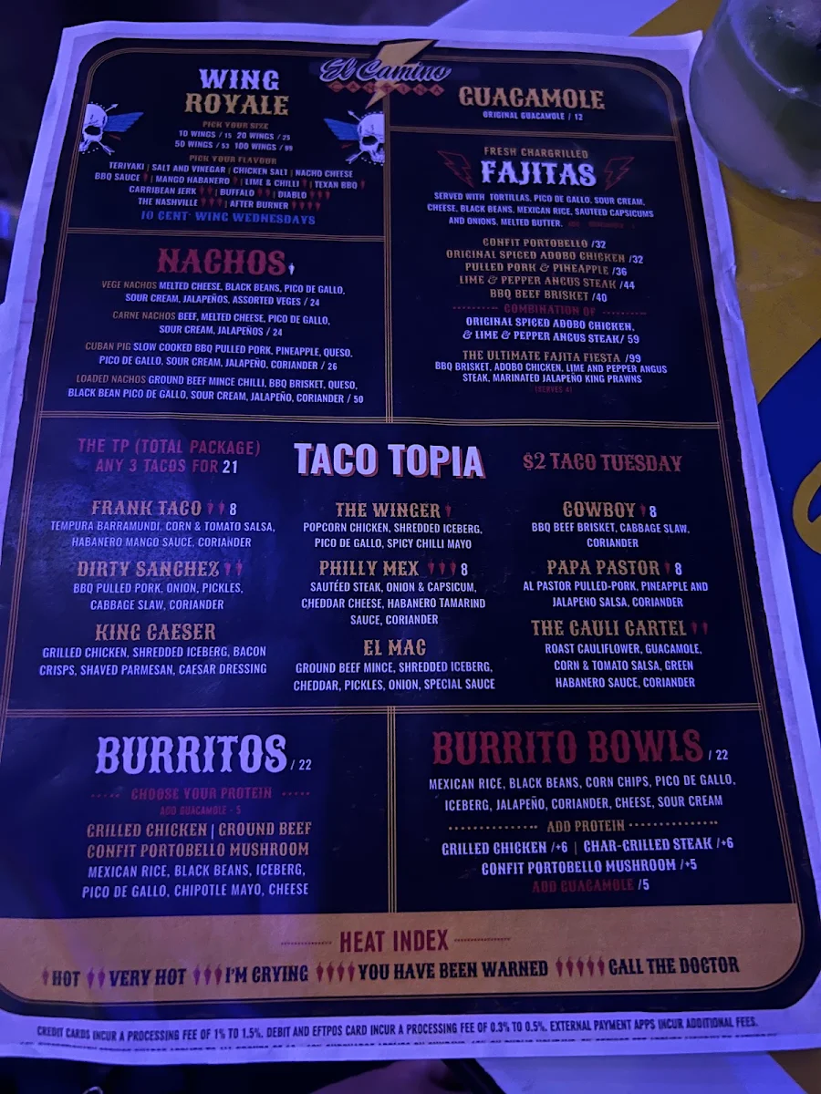 Menu, El Camino Cantina Miranda