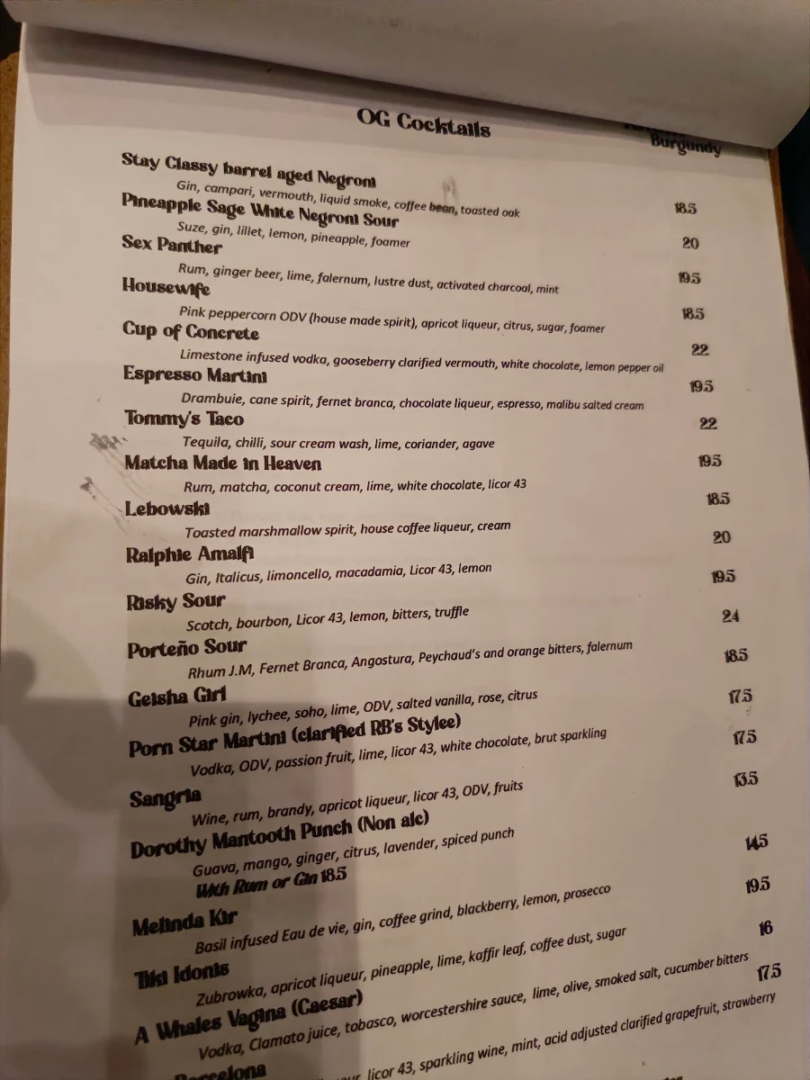 Menu, Rhum Burgundy
