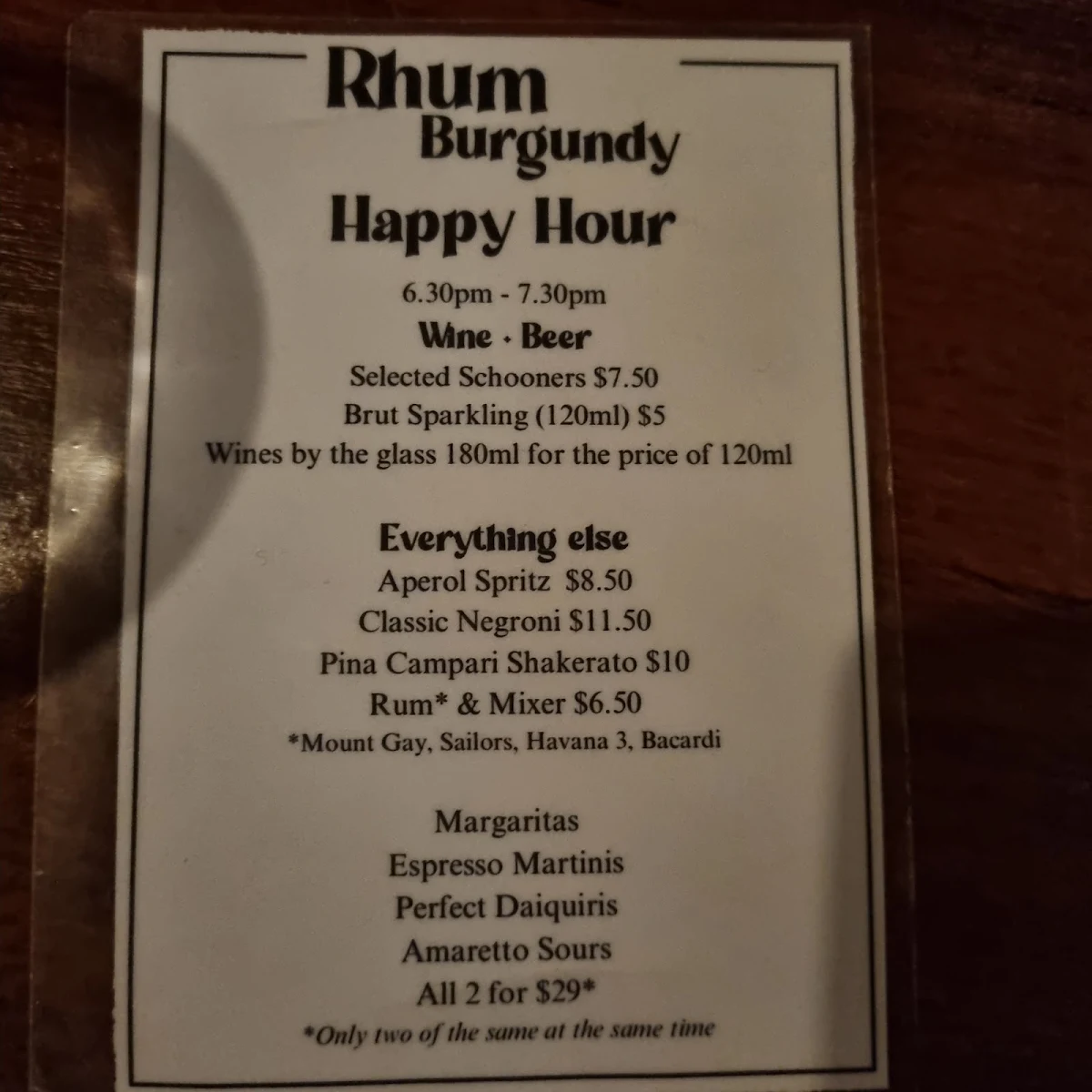 Menu, Rhum Burgundy