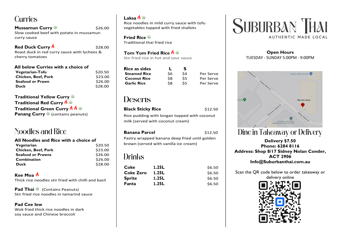 Menu, SuburbanThai