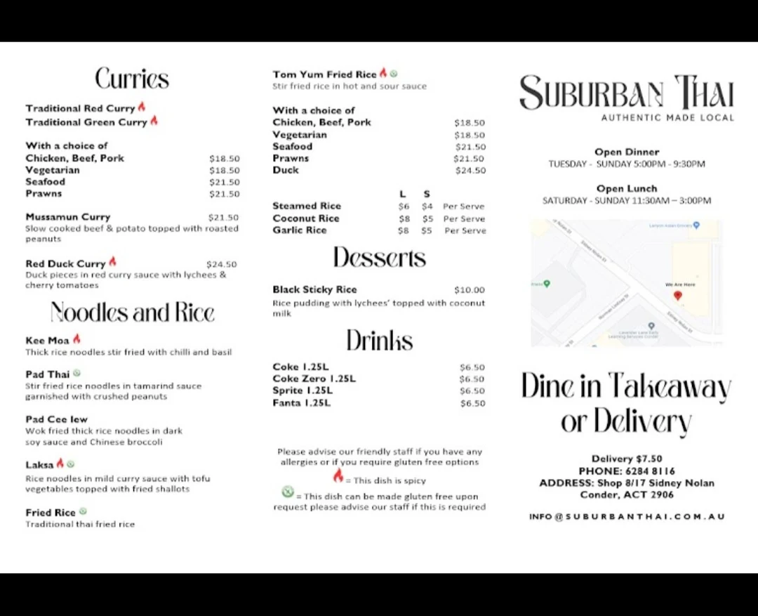 Menu, SuburbanThai