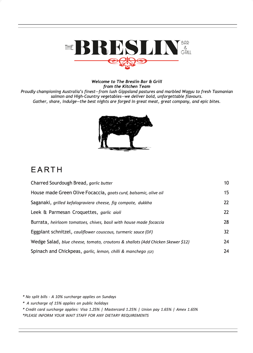 Menu, The Breslin Steakhouse