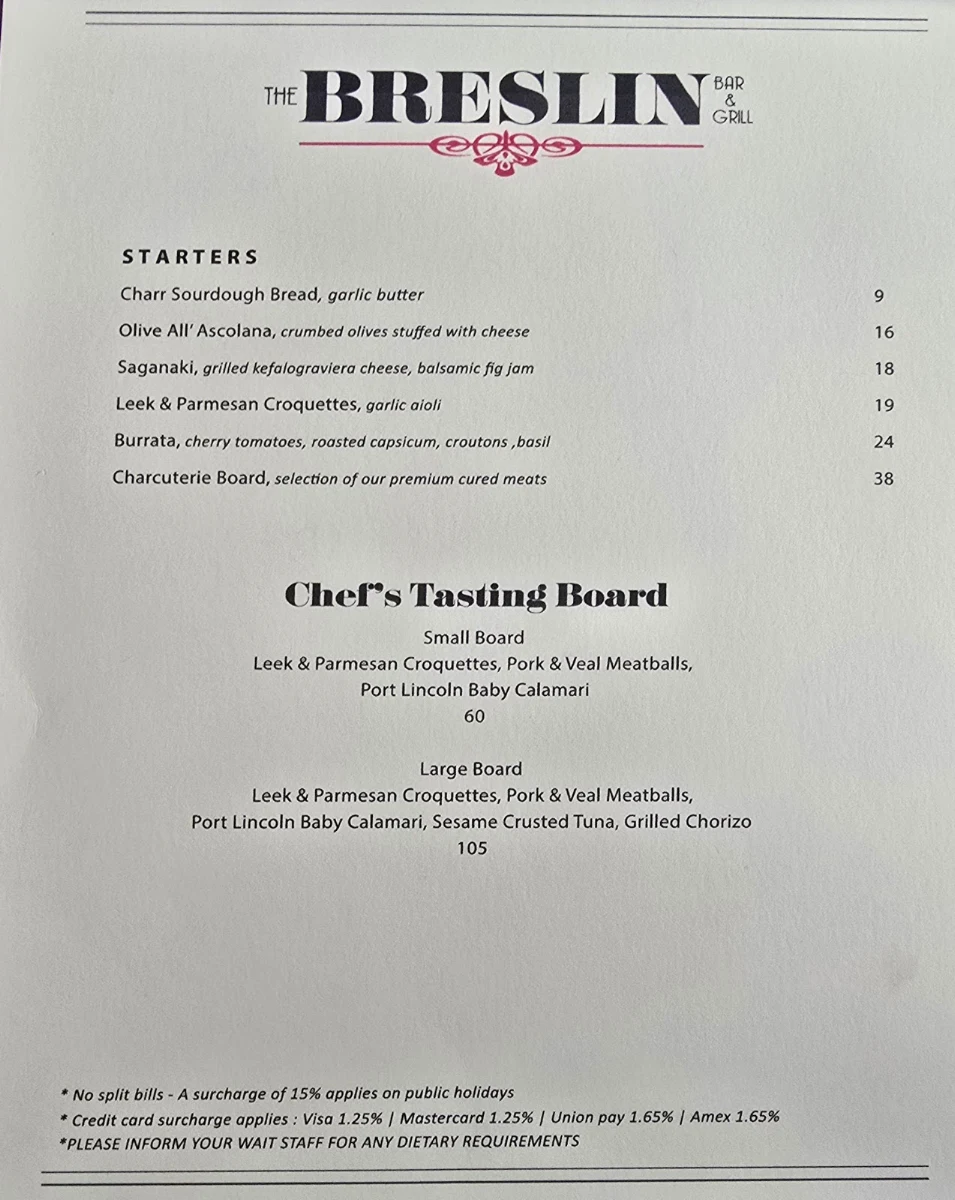 Menu, The Breslin Steakhouse