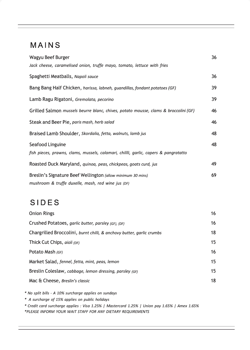 Menu, The Breslin Steakhouse
