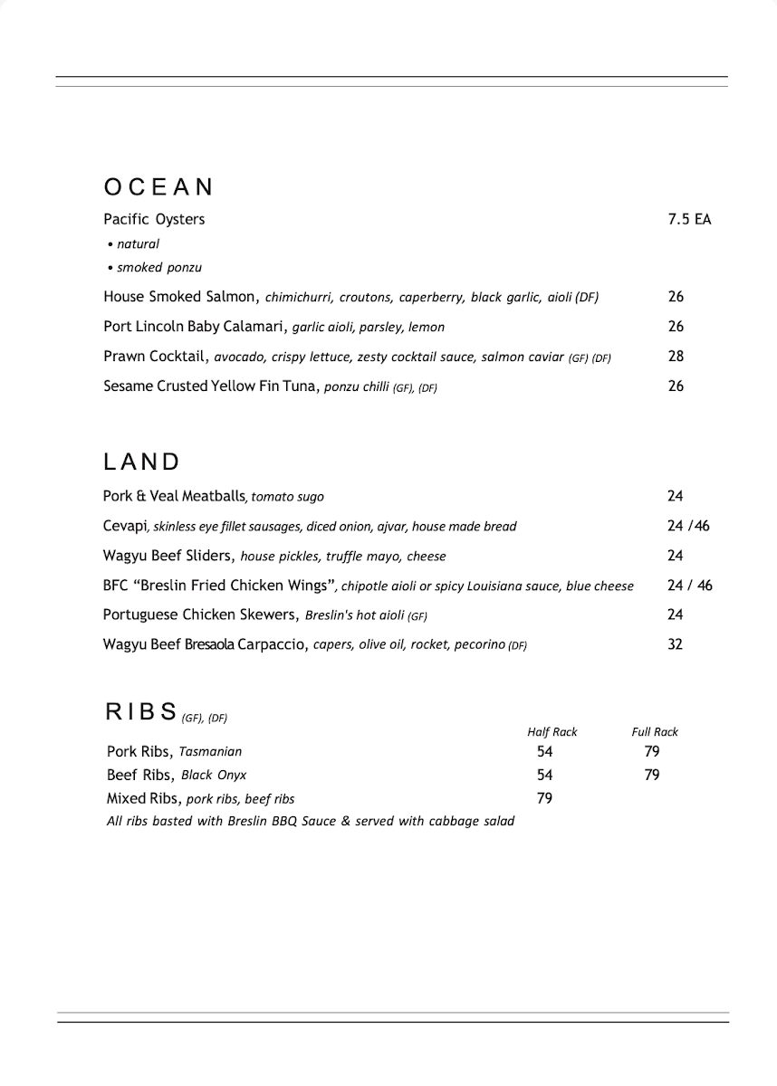 Menu, The Breslin Steakhouse