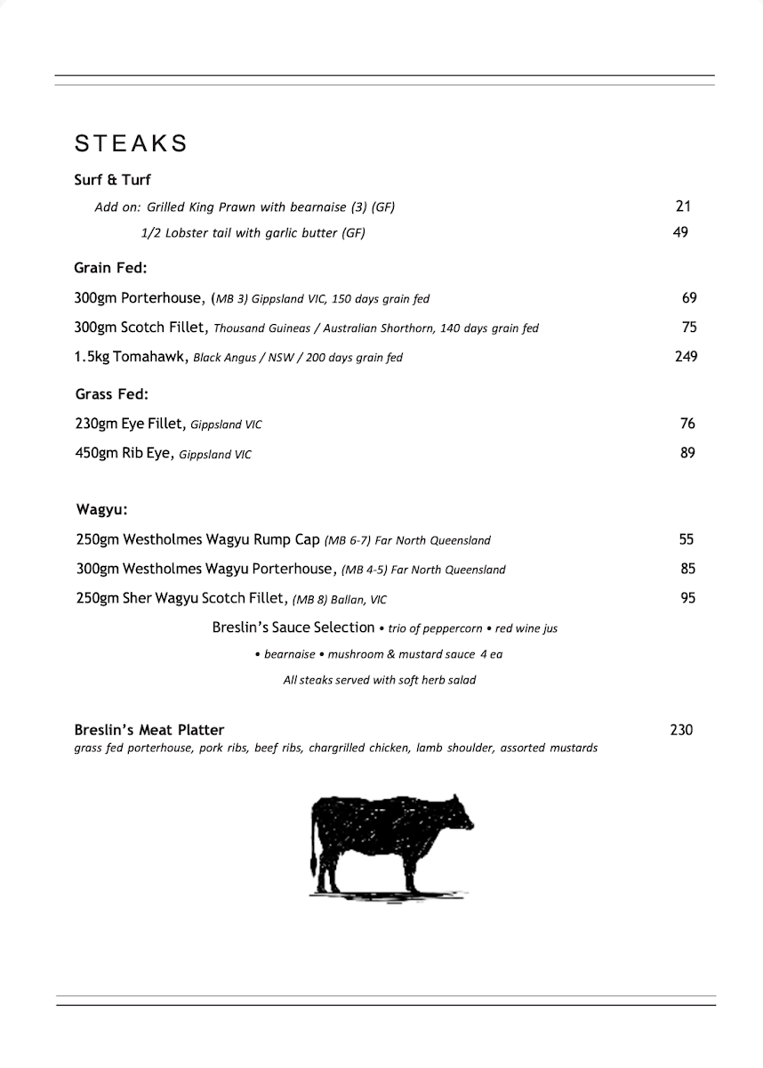 Menu, The Breslin Steakhouse