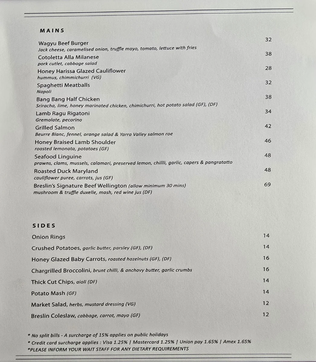Menu, The Breslin Steakhouse