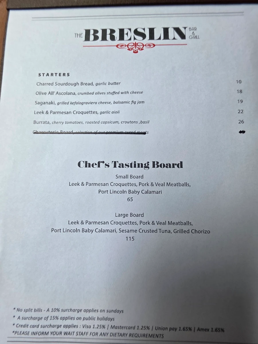 Menu, The Breslin Steakhouse