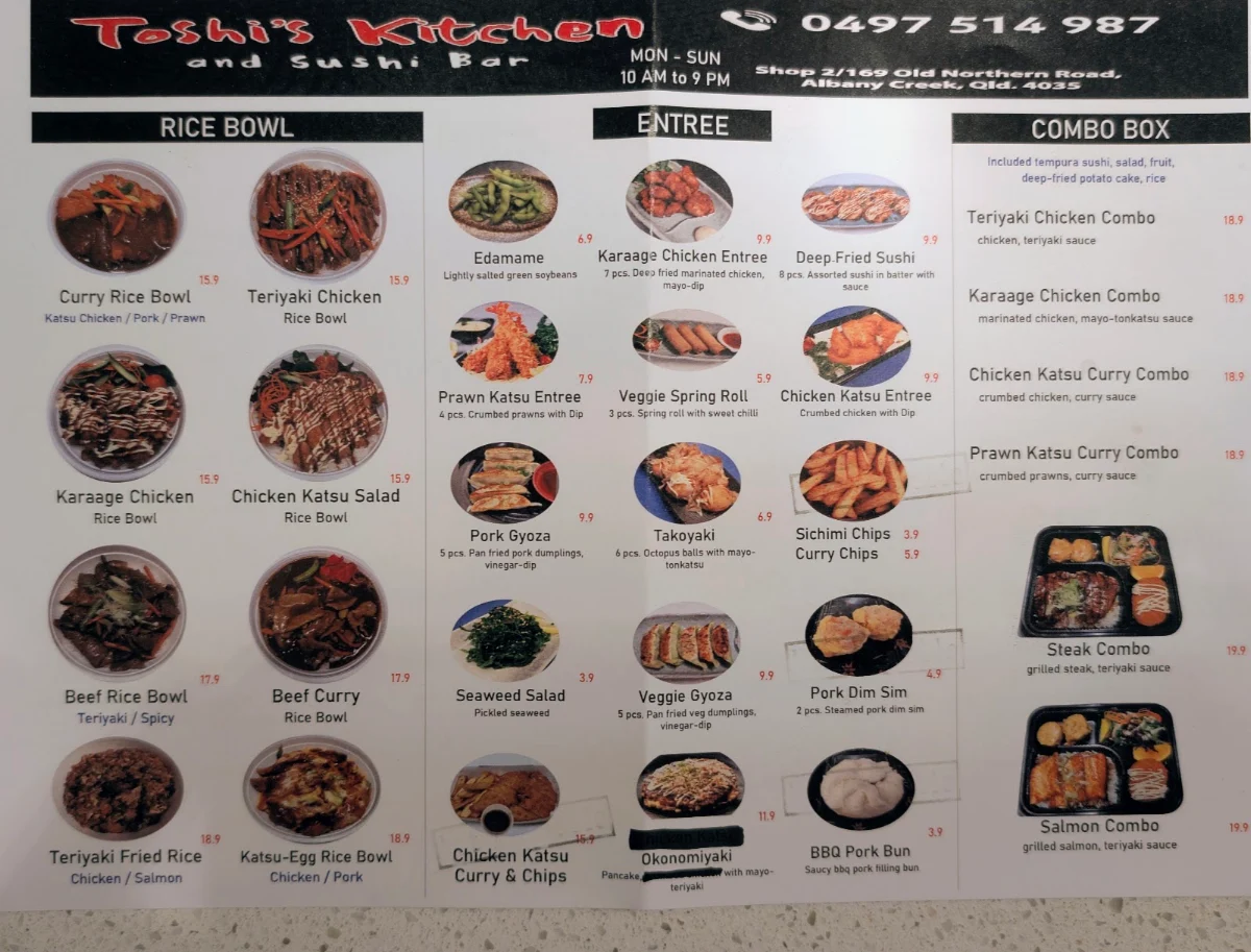 Menu, Toshi's Kitchen and Sushi Bar