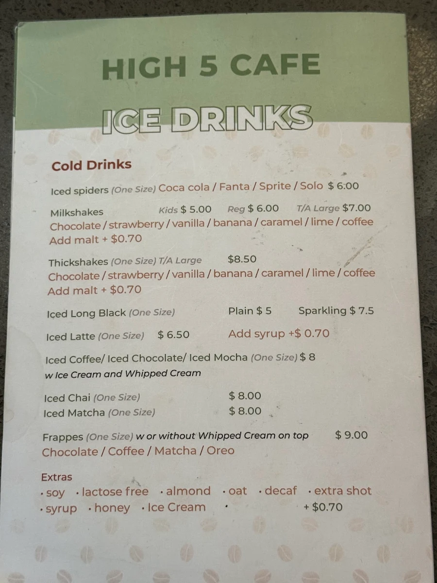 Menu, High 5 Cafe