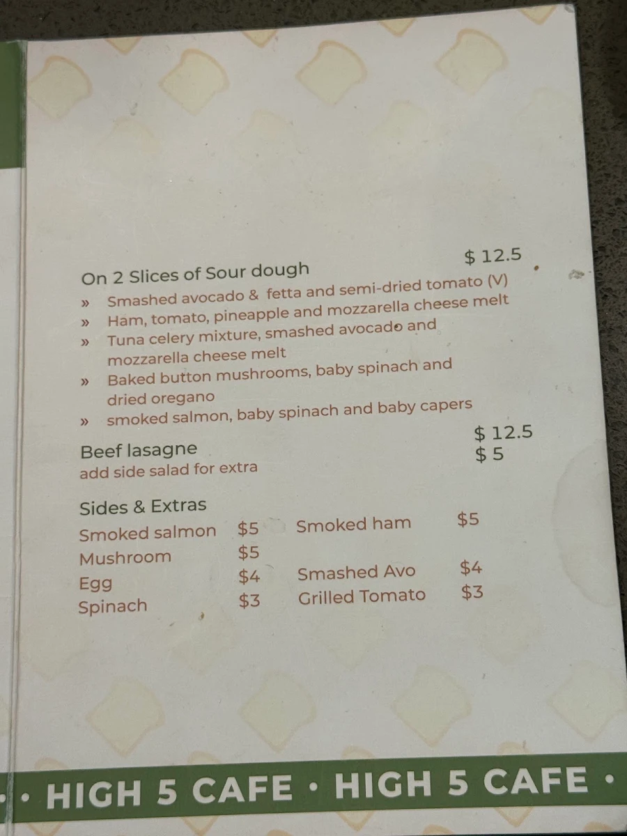 Menu, High 5 Cafe