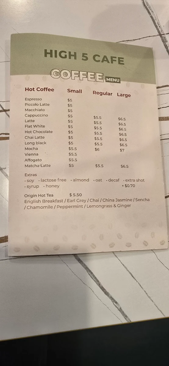 Menu, High 5 Cafe
