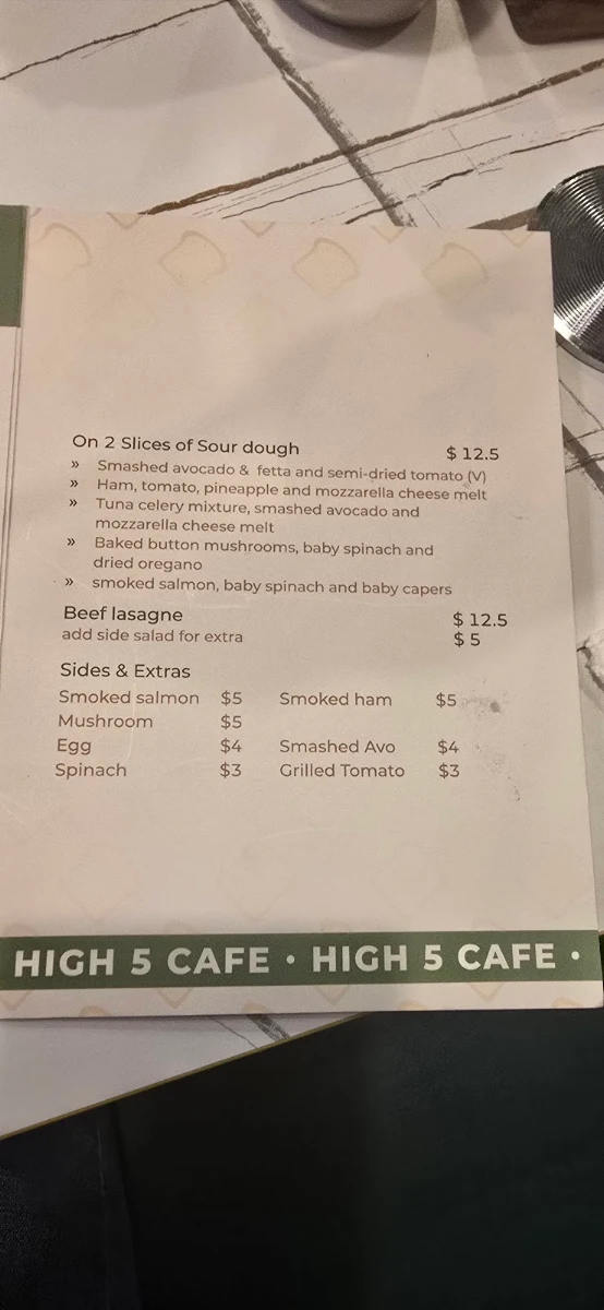 Menu, High 5 Cafe