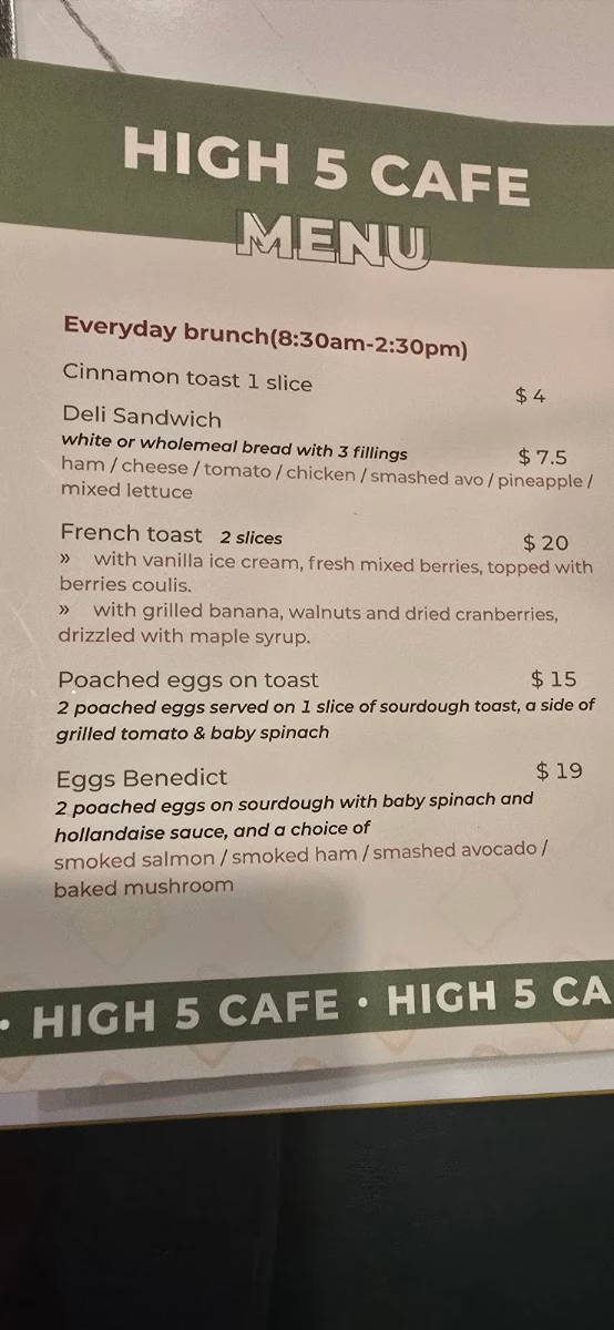 Menu, High 5 Cafe
