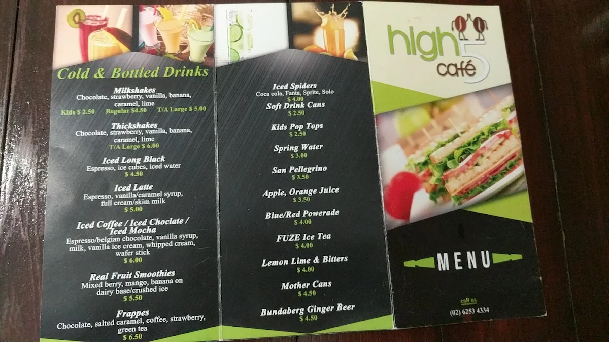 Menu, High 5 Cafe