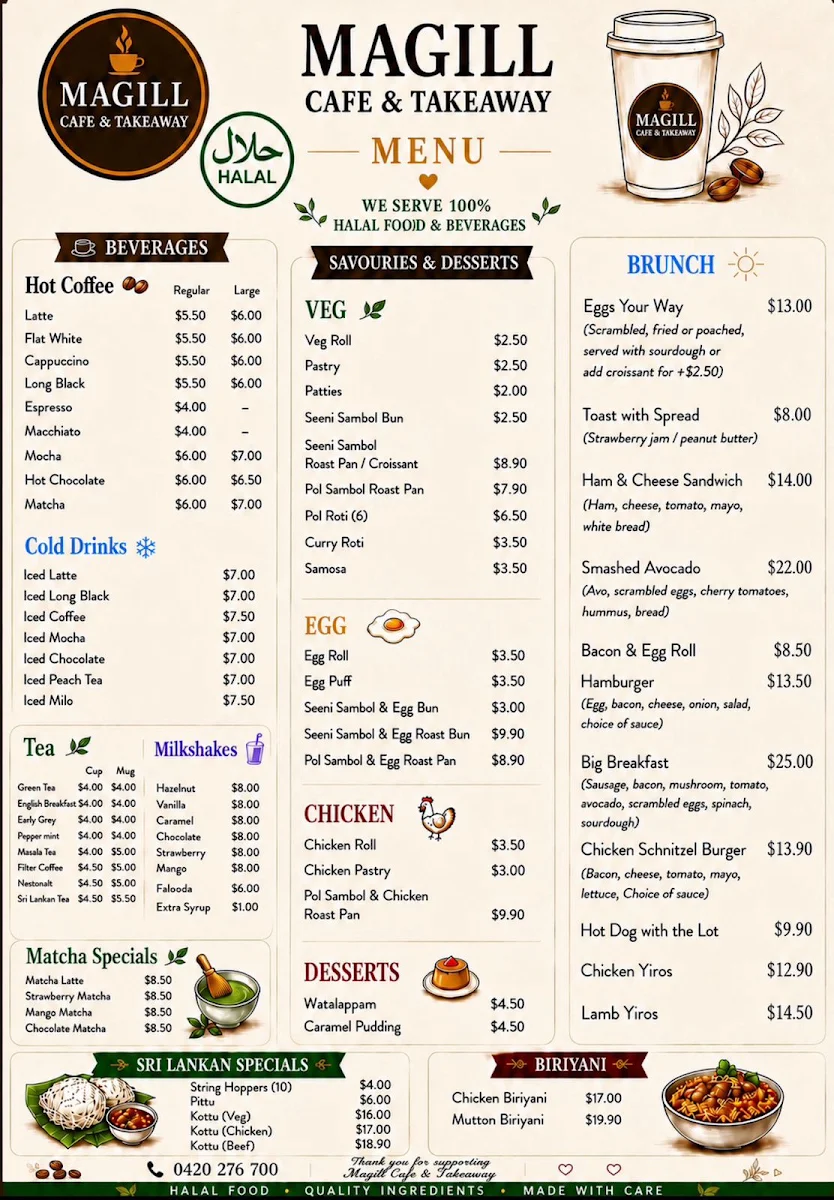 Menu, Magill Cafe