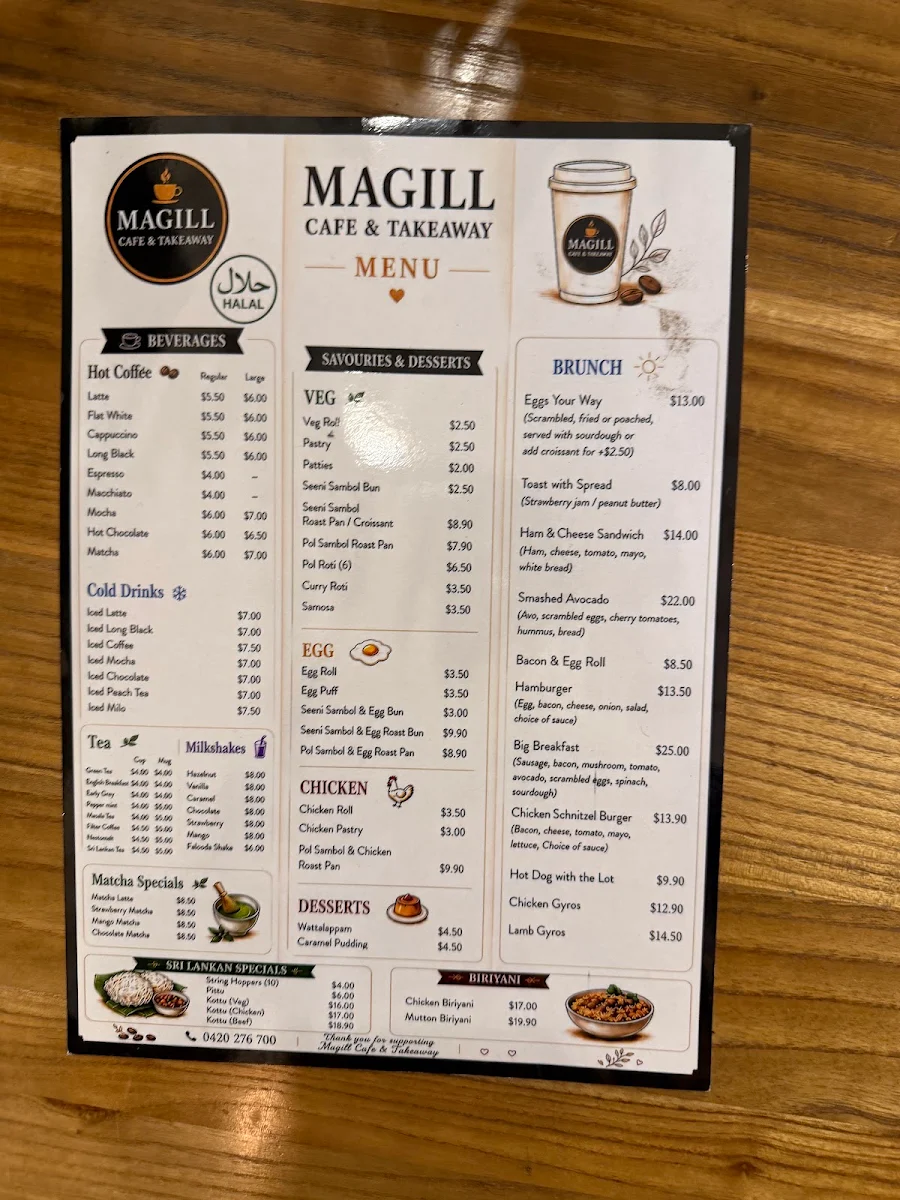 Menu, Magill Cafe