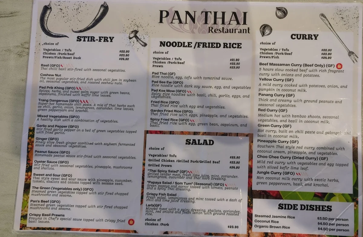 Menu, Pan Thai Restaurant