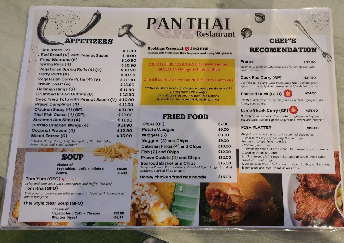 Menu, Pan Thai Restaurant
