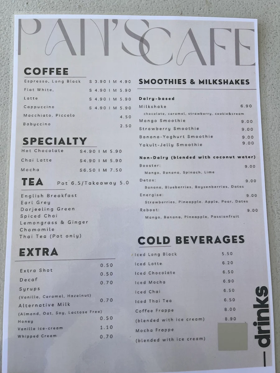 Menu, Pan Thai Restaurant
