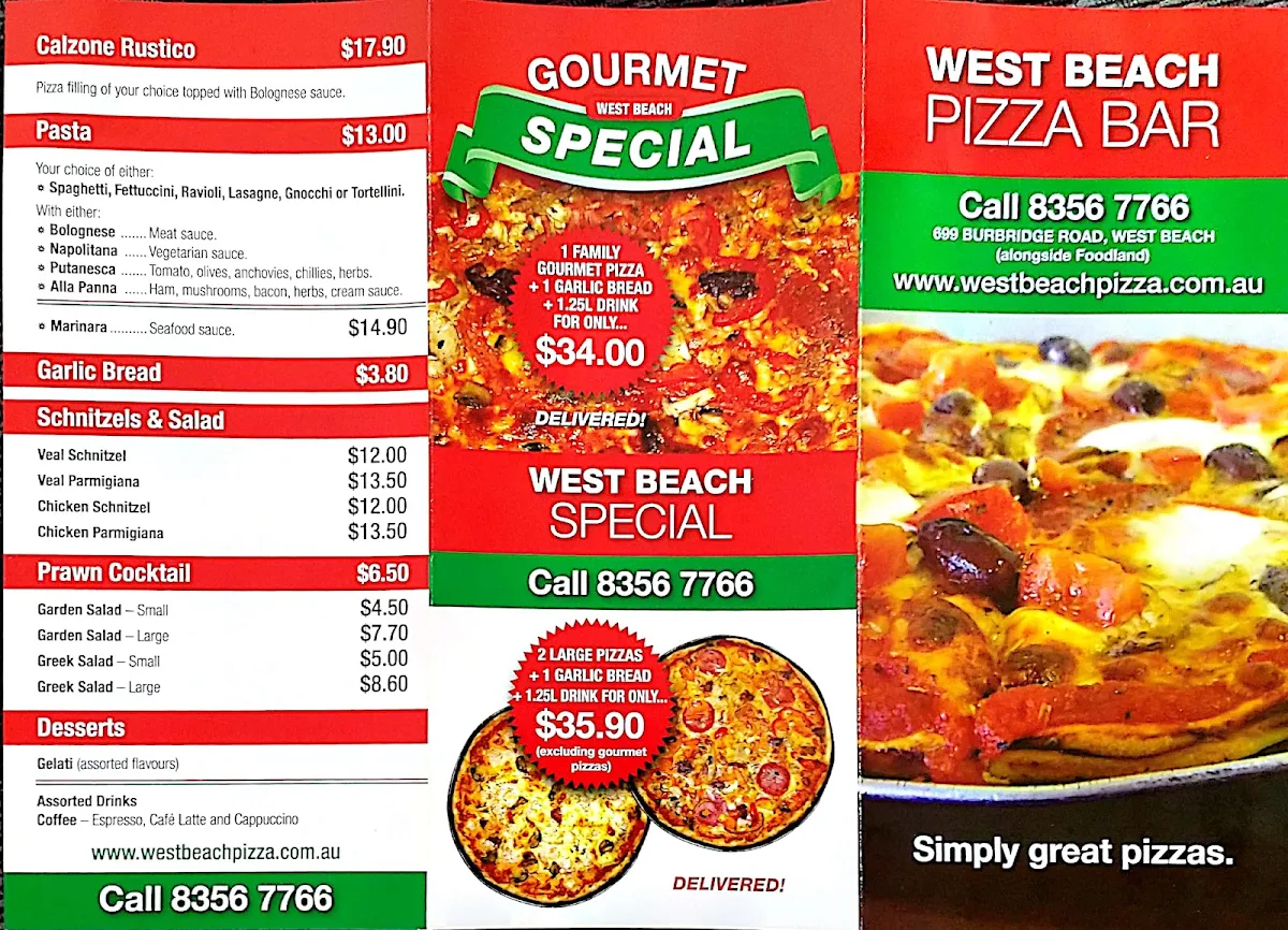 Menu, West Beach Pizza Bar