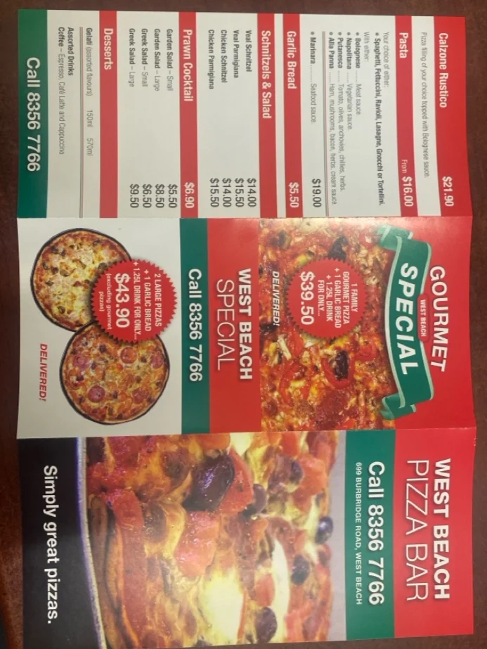 Menu, West Beach Pizza Bar
