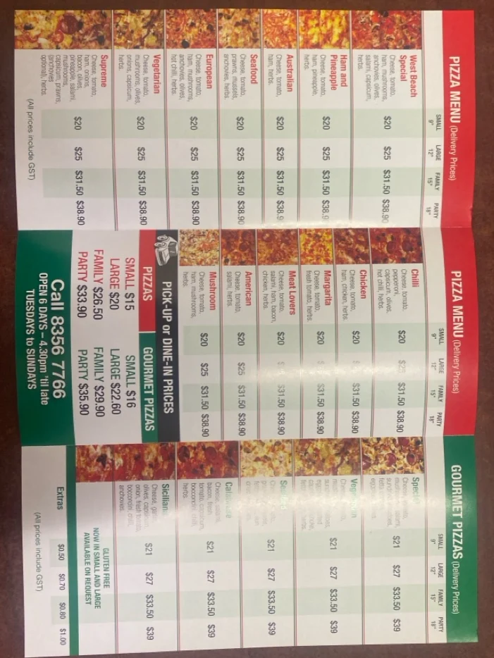 Menu, West Beach Pizza Bar