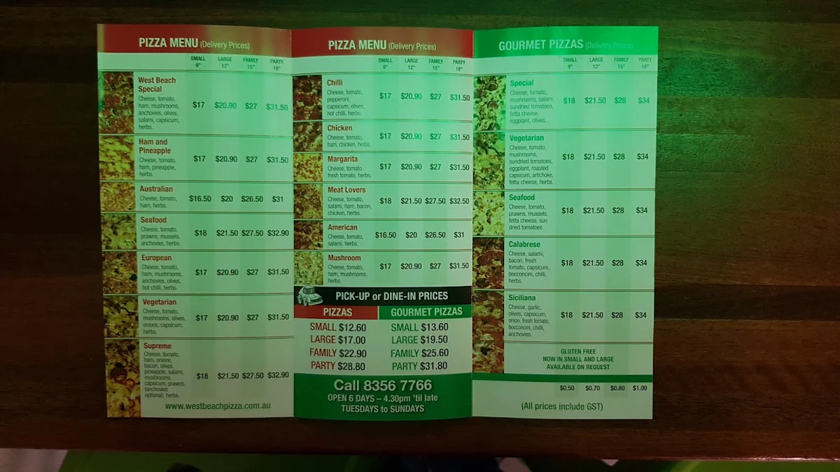 Menu, West Beach Pizza Bar