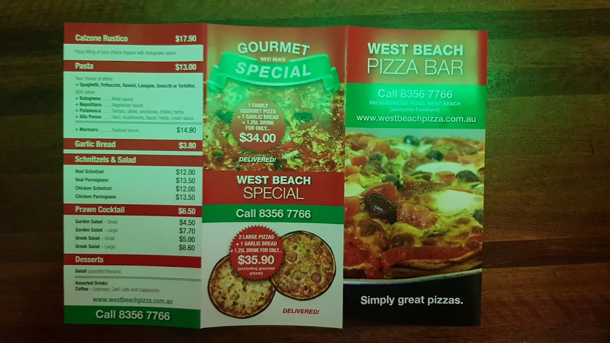 Menu, West Beach Pizza Bar