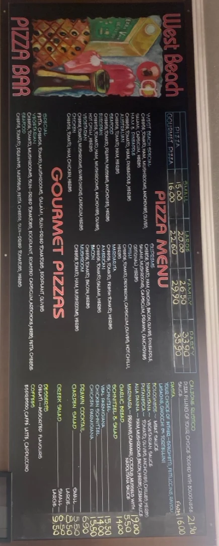 Menu, West Beach Pizza Bar