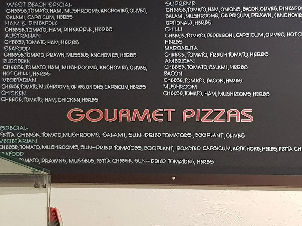 Menu, West Beach Pizza Bar