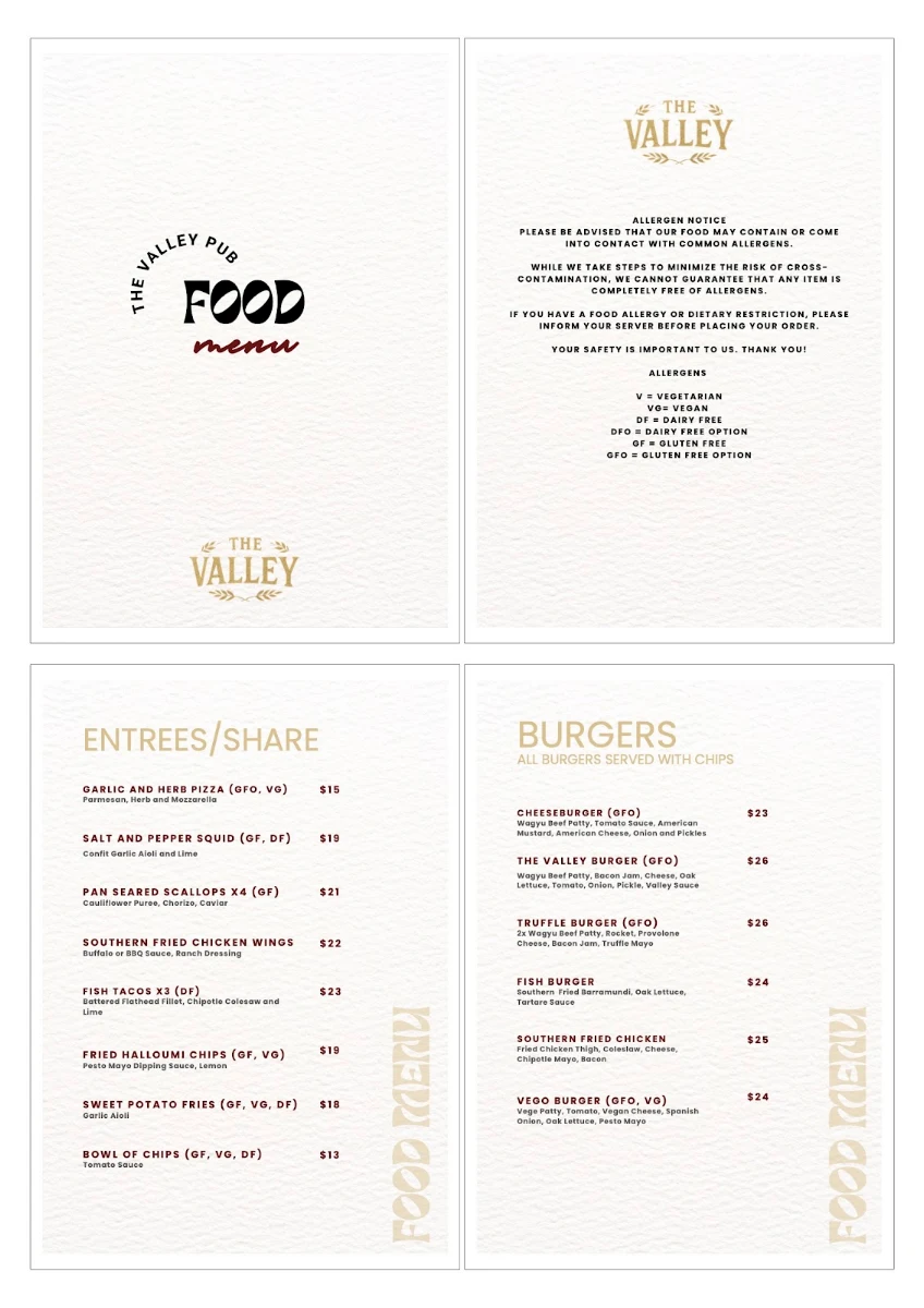 Menu, The Valley Pub