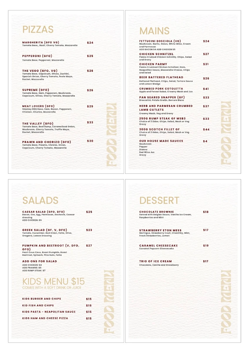 Menu, The Valley Pub