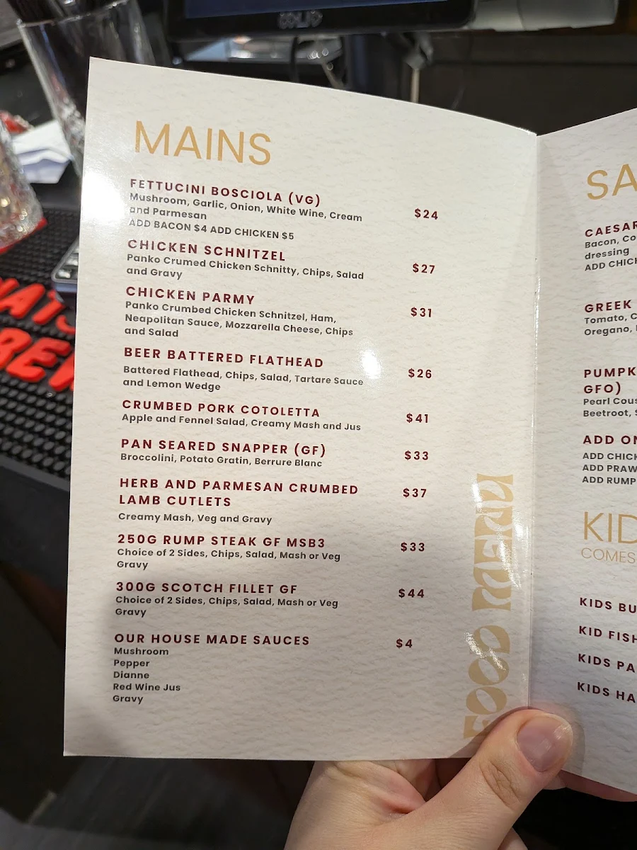 Menu, The Valley Pub