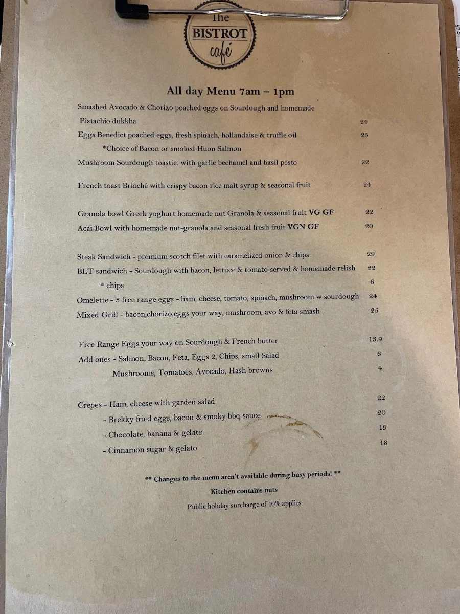 Menu, Angie's Bistrot