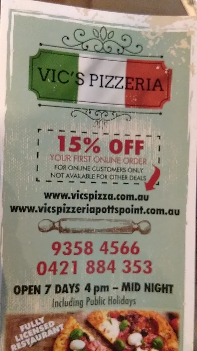 Menu, Vic's Pizzeria