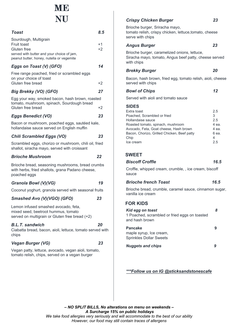 Menu, Sticks and Stones Cafe Torquay