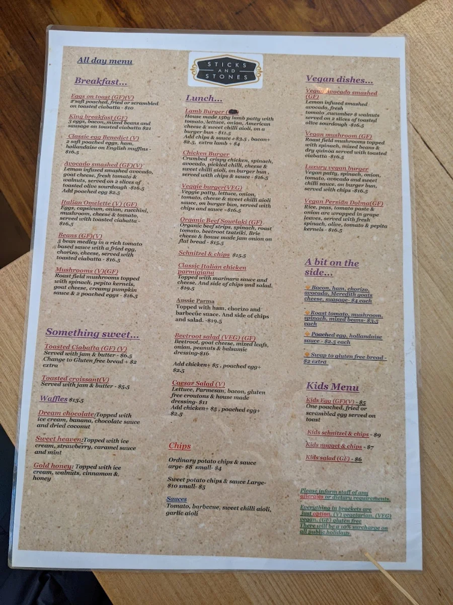 Menu, Sticks and Stones Cafe Torquay