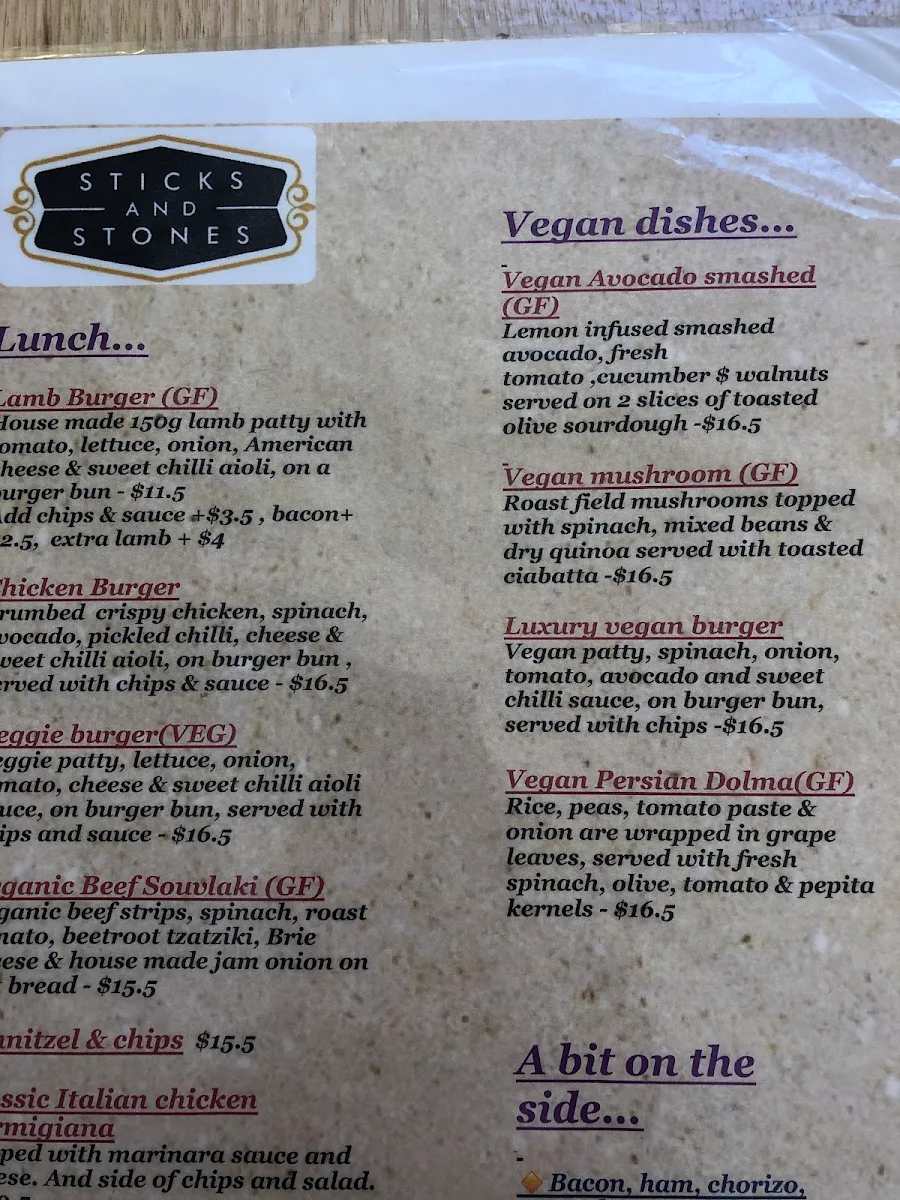 Menu, Sticks and Stones Cafe Torquay