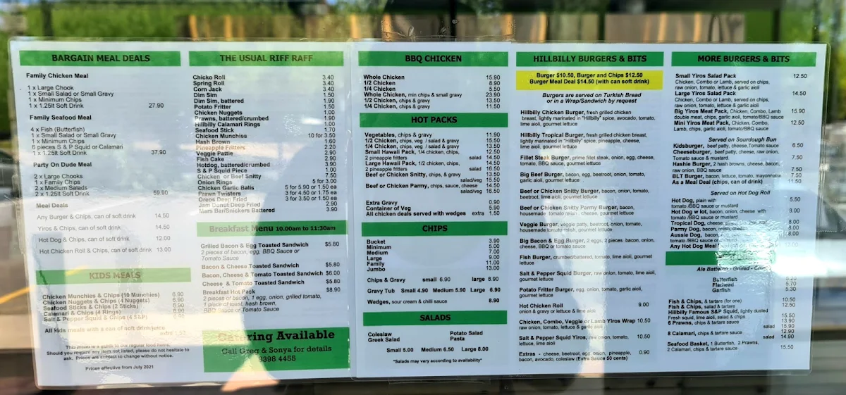 Menu, Hillbilly Chicken