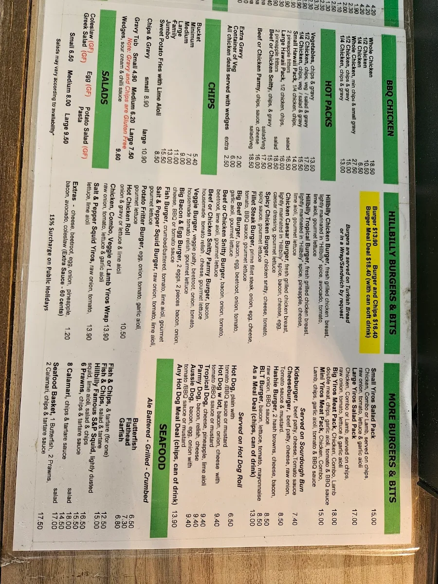 Menu, Hillbilly Chicken