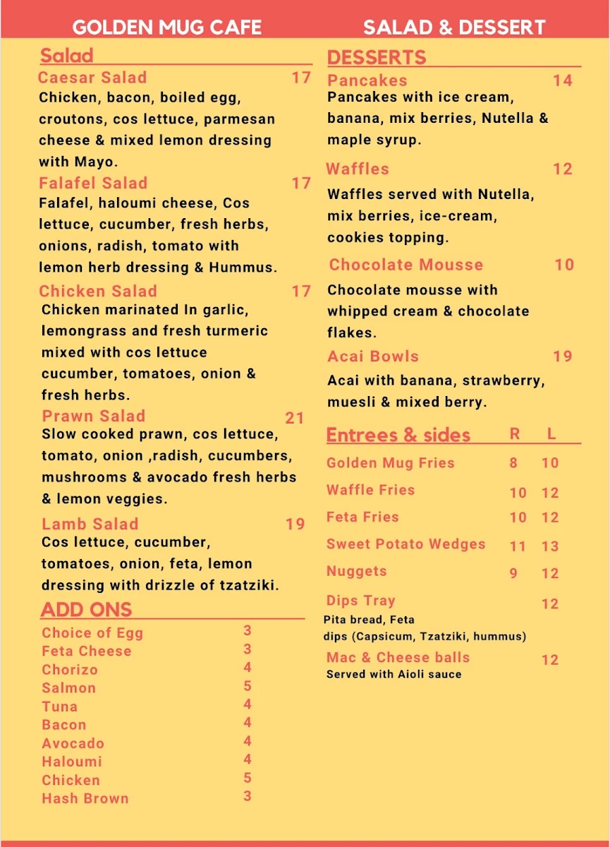 Menu, Golden Mug Cafe